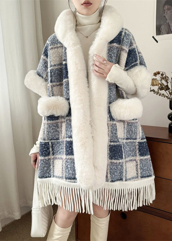 Art Blue Plaid Hooded Pockets Warm Fleece Cape Coat Spring YW006 ABC