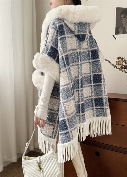 Art Blue Plaid Hooded Pockets Warm Fleece Cape Coat Spring YW006 ABC