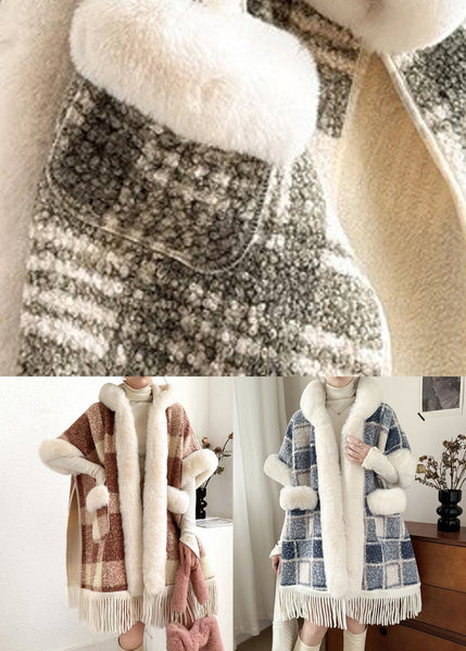 Art Blue Plaid Hooded Pockets Warm Fleece Cape Coat Spring YW006 ABC