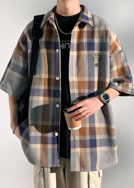 Peter Plaid Letter Collar Half Art Mens Shirts Pan Cotton Blue FashionChic