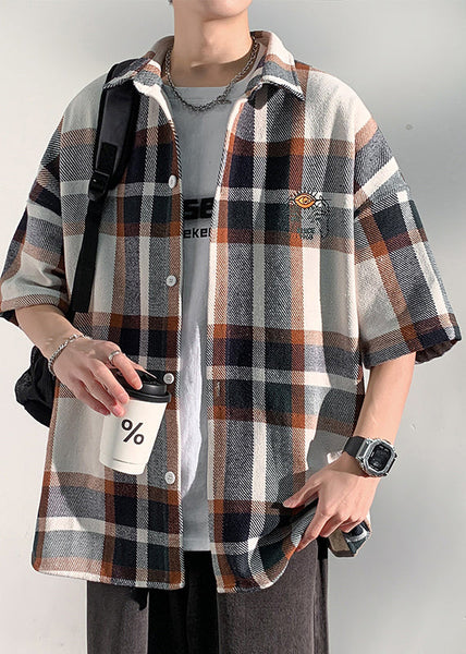 Peter Plaid Letter Collar Half Art Mens Shirts Pan Cotton Blue FashionChic