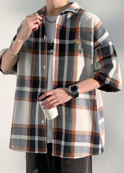 Peter Plaid Letter Collar Half Art Mens Shirts Pan Cotton Blue FashionChic