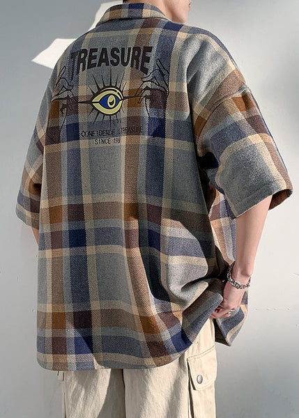 Peter Plaid Letter Collar Half Art Mens Shirts Pan Cotton Blue FashionChic