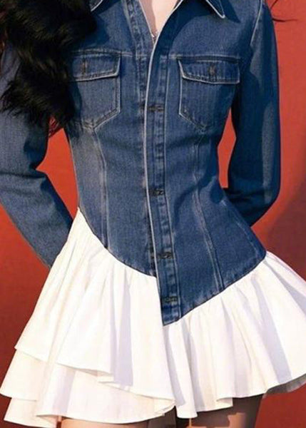 Pockets Two Blue Spring Fake Pieces Mid Dresses Art Denim FashionChic