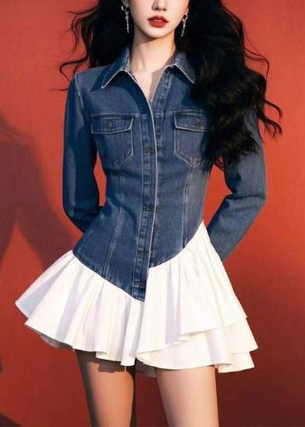 Pockets Two Blue Spring Fake Pieces Mid Dresses Art Denim FashionChic