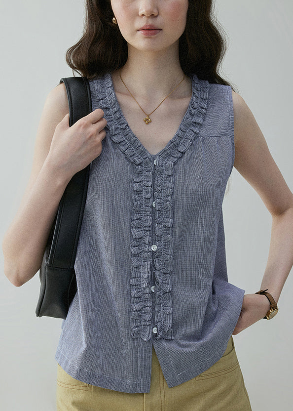 Ruffled Art Blouses Blue On Both Sides Cotton Wear Button FashionChic