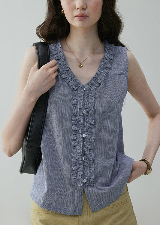 Ruffled Art Blouses Blue On Both Sides Cotton Wear Button FashionChic