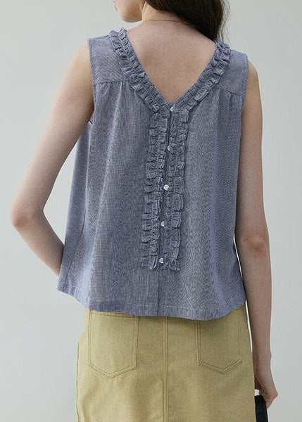 Ruffled Art Blouses Blue On Both Sides Cotton Wear Button FashionChic