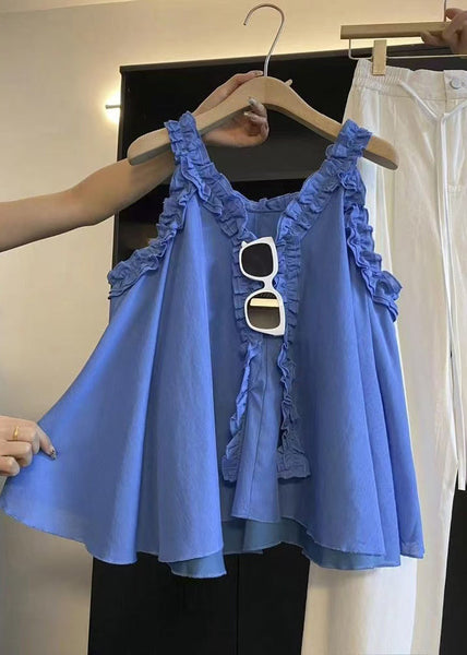 Ruffled Art Blue Cotton Top Sleeveless Solid Blouse FashionChic