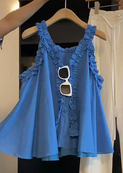 Ruffled Art Blue Cotton Top Sleeveless Solid Blouse FashionChic