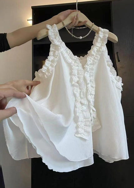 Ruffled Art Blue Cotton Top Sleeveless Solid Blouse FashionChic