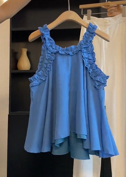 Ruffled Art Blue Cotton Top Sleeveless Solid Blouse FashionChic