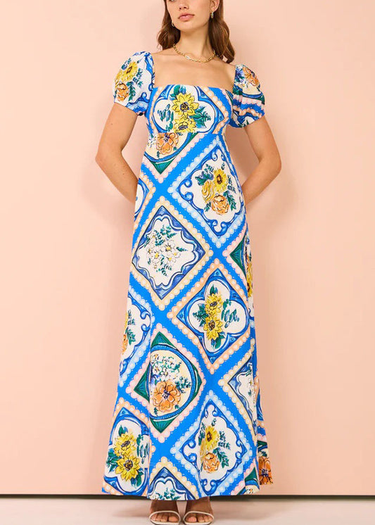Art Blue Square Collar Print Linen Long Dresses Summer FF082 SH-LF-SDL240603