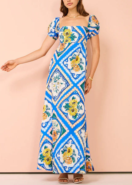 Art Blue Square Collar Print Linen Long Dresses Summer FF082 SH-LF-SDL240603