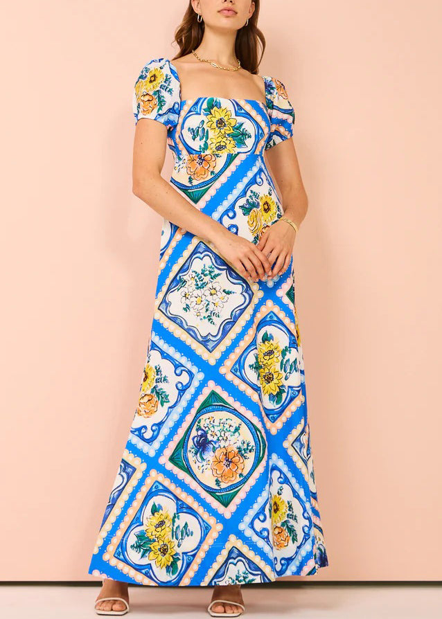 Art Blue Square Collar Print Linen Long Dresses Summer FF082 SH-LF-SDL240603