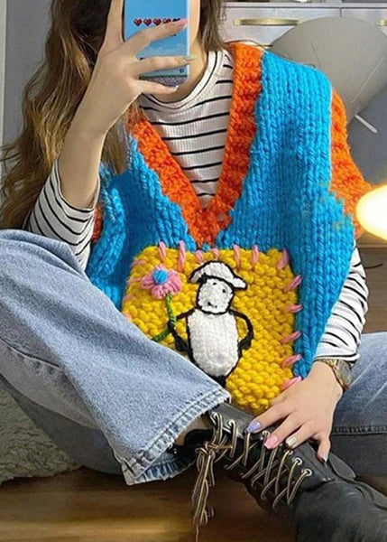 Art Blue V Neck Patchwork Cotton Knit Waistcoat Fall WY019 OM-OL241106