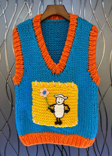 Art Blue V Neck Patchwork Cotton Knit Waistcoat Fall WY019 OM-OL241106