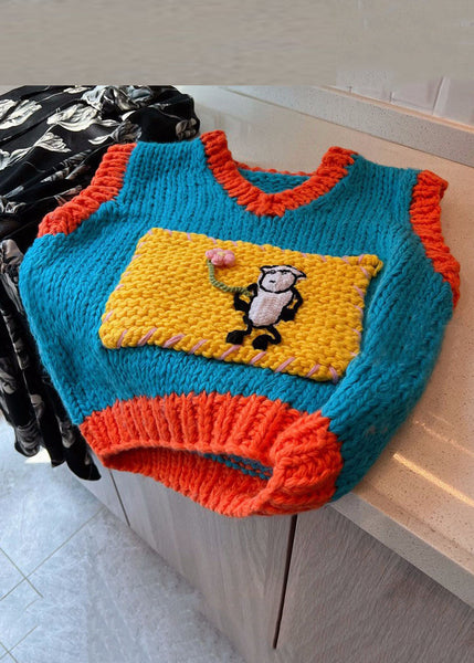 Art Blue V Neck Patchwork Cotton Knit Waistcoat Fall WY019 OM-OL241106