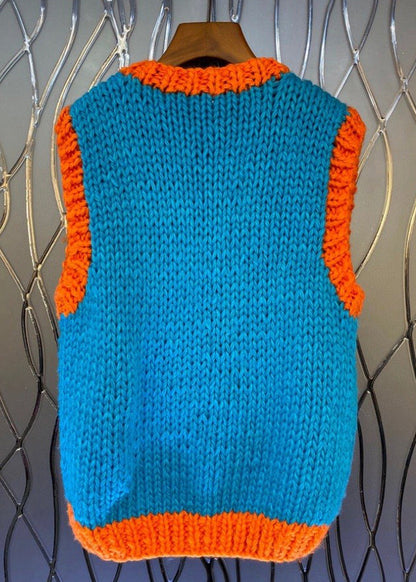 Art Blue V Neck Patchwork Cotton Knit Waistcoat Fall WY019 OM-OL241106