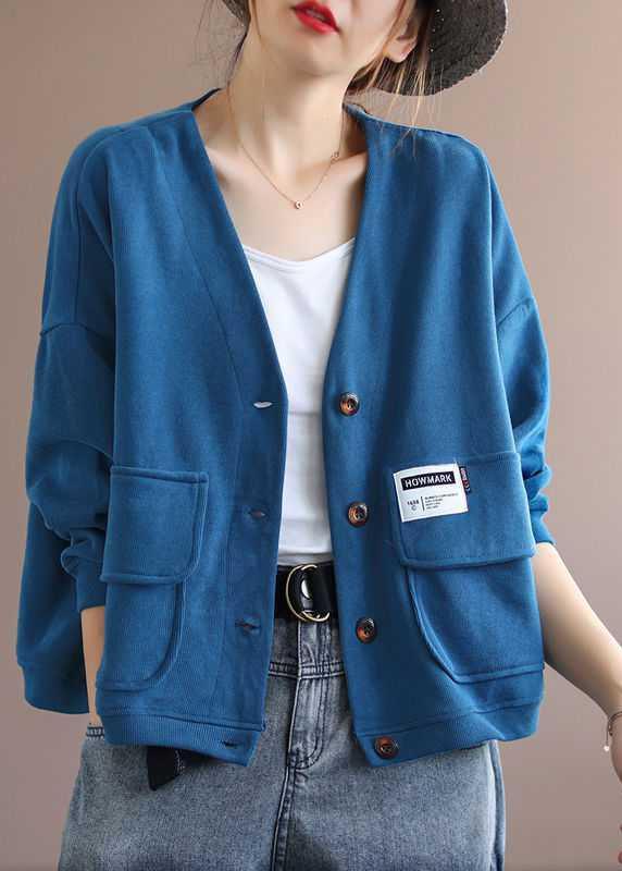 Art Blue V Neck Pockets Button Fall Long sleeve Coat QS048 WT-WG-CTS210914