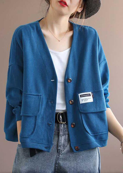 Art Blue V Neck Pockets Button Fall Long sleeve Coat QS048 WT-WG-CTS210914