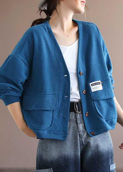Art Blue V Neck Pockets Button Fall Long sleeve Coat QS048 WT-WG-CTS210914
