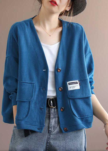 Art Blue V Neck Pockets Button Fall Long sleeve Coat QS048 WT-WG-CTS210914