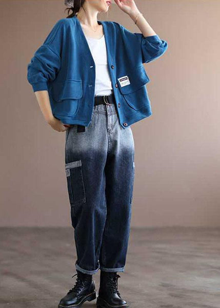 Art Blue V Neck Pockets Button Fall Long sleeve Coat QS048 WT-WG-CTS210914