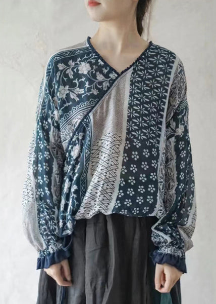 Art Blue V Neck Print Lace Up Cotton Shirt Long Sleeve RE048 MZF-LTP240807