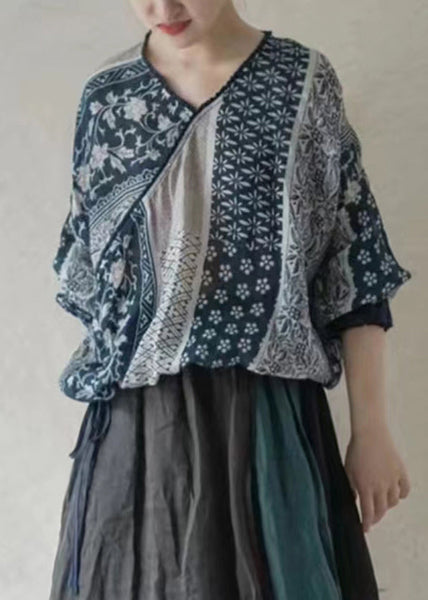 Art Blue V Neck Print Lace Up Cotton Shirt Long Sleeve RE048 MZF-LTP240807