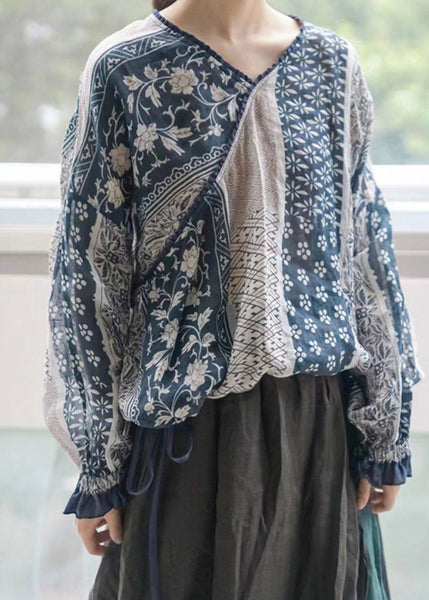 Art Blue V Neck Print Lace Up Cotton Shirt Long Sleeve RE048 MZF-LTP240807