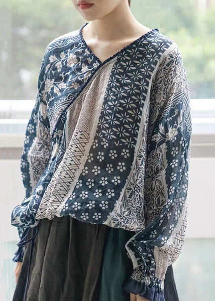 Art Blue V Neck Print Lace Up Cotton Shirt Long Sleeve RE048 MZF-LTP240807