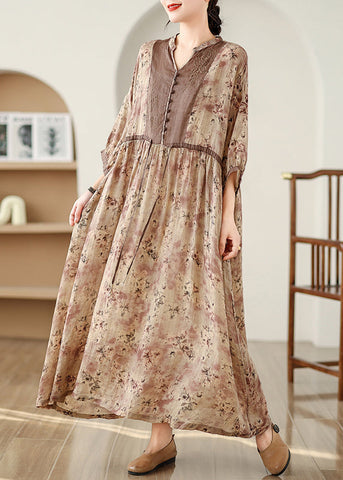 Bracelet Print Linen Art Dresses Brown Sleeve Maxi Cinched FashionChic