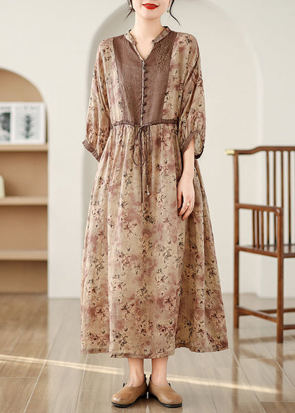 Bracelet Print Linen Art Dresses Brown Sleeve Maxi Cinched FashionChic