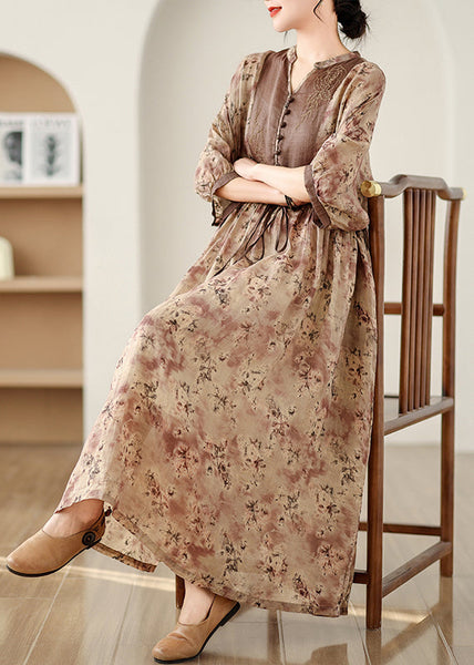 Bracelet Print Linen Art Dresses Brown Sleeve Maxi Cinched FashionChic