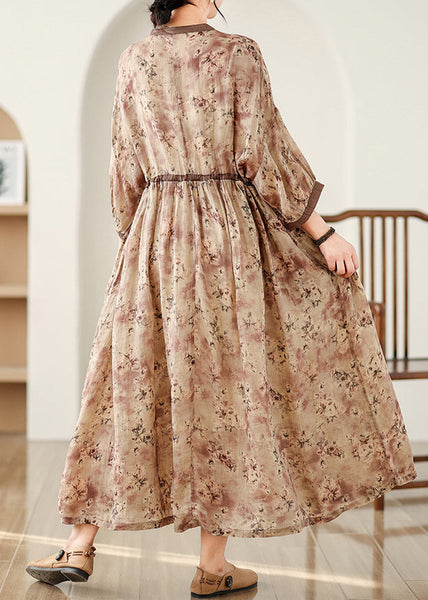 Bracelet Print Linen Art Dresses Brown Sleeve Maxi Cinched FashionChic