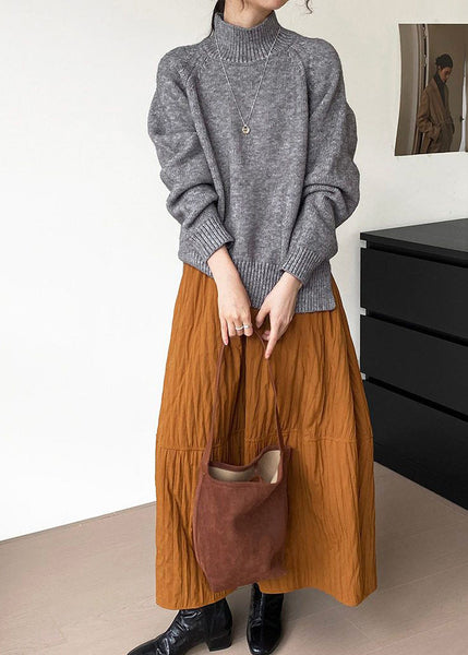 Art Brown Patchwork Cotton A Line Skirt Spring YK035 OM-MZF250306