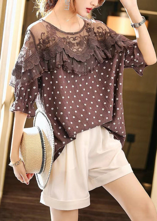 Art Coffee Lace Patchwork Dot Print Top Half Sleeve WW045 OL-HTP240812