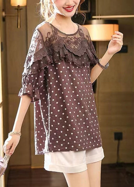 Art Coffee Lace Patchwork Dot Print Top Half Sleeve WW045 OL-HTP240812