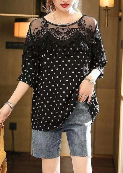 Art Coffee Lace Patchwork Dot Print Top Half Sleeve WW045 OL-HTP240812