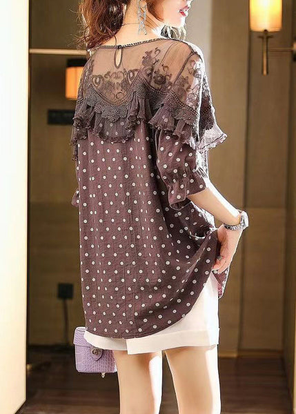 Art Coffee Lace Patchwork Dot Print Top Half Sleeve WW045 OL-HTP240812