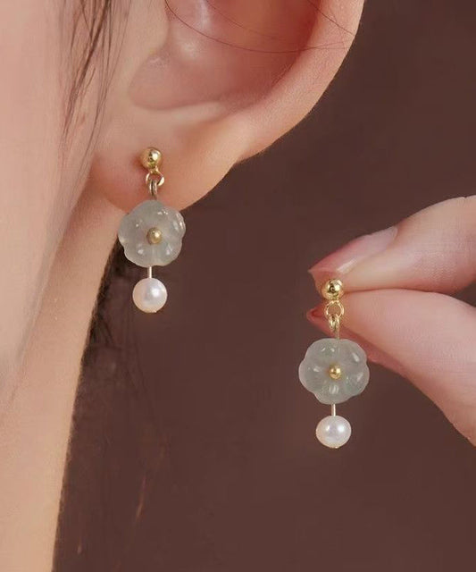 Fashion Green Sterling Silver Overgild Zircon Jade Pearl Stud Earrings AC1082 Genistyle Shop