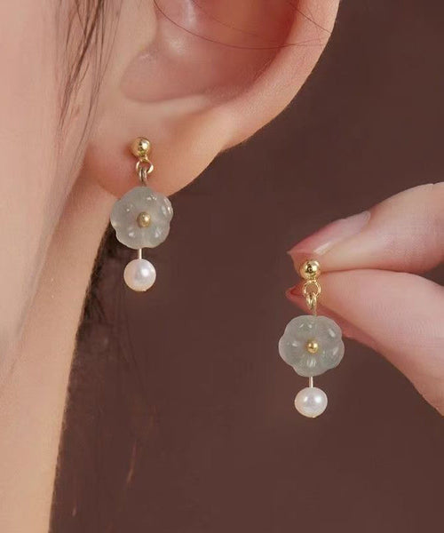 Fashion Green Sterling Silver Overgild Zircon Jade Pearl Stud Earrings AC1082 Genistyle Shop
