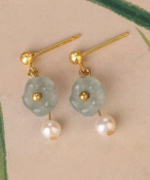 Fashion Green Sterling Silver Overgild Zircon Jade Pearl Stud Earrings AC1082 Genistyle Shop