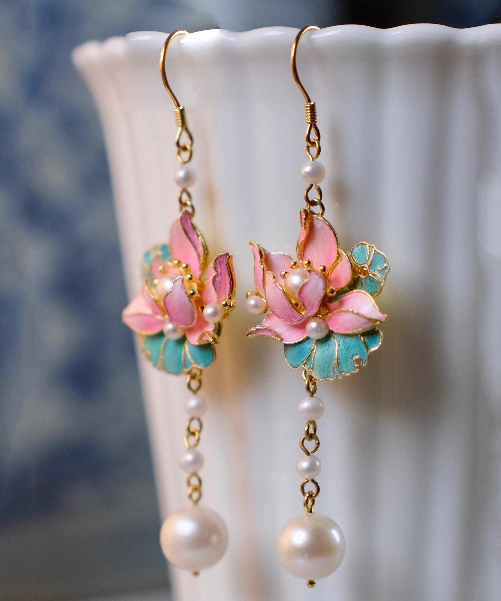 Art Colorblock Sterling Silver Overgild Pearl Lotus Flowers Tassel Drop Earrings WQ002 JEW-EAR241102