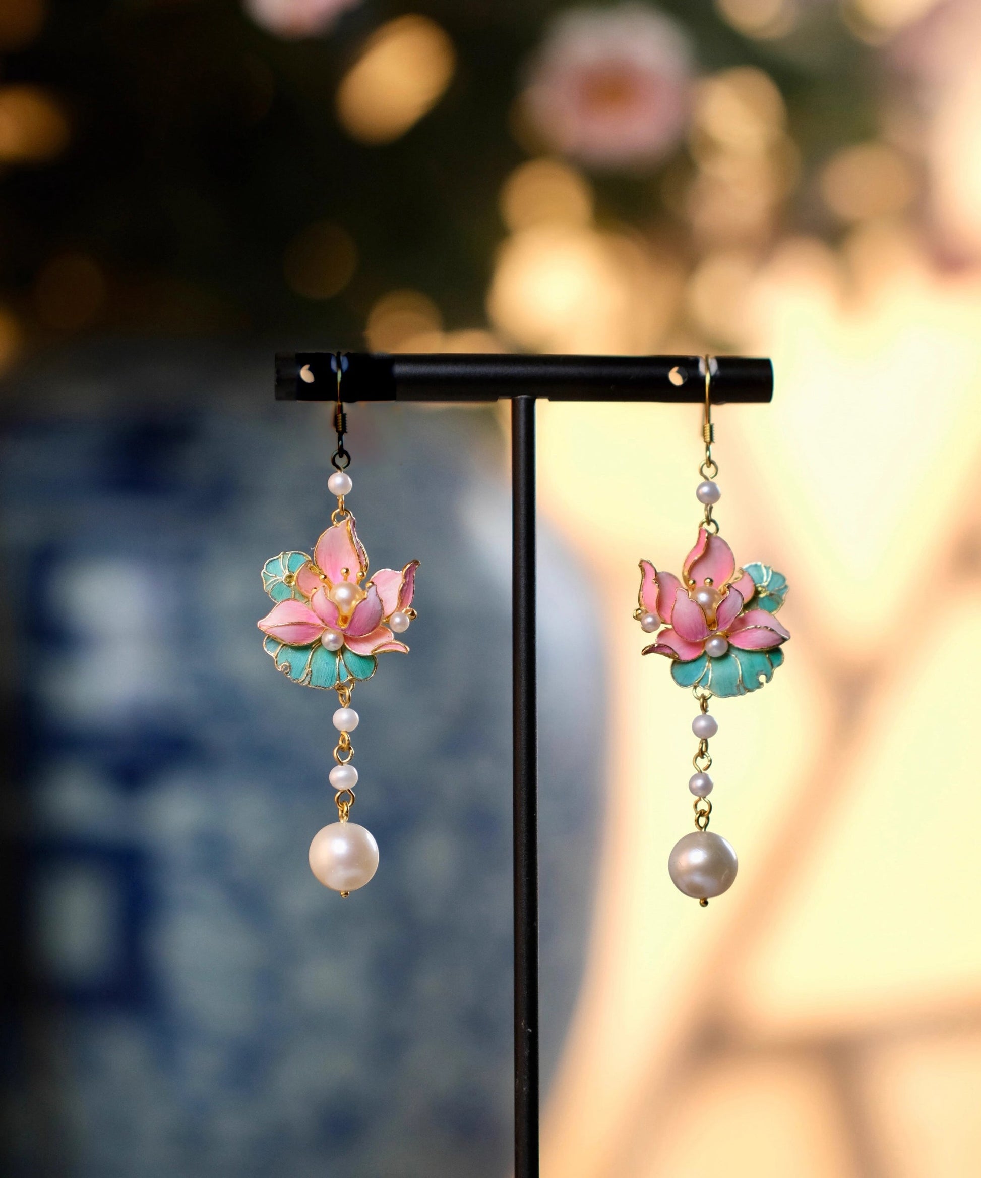 Art Colorblock Sterling Silver Overgild Pearl Lotus Flowers Tassel Drop Earrings WQ002 JEW-EAR241102