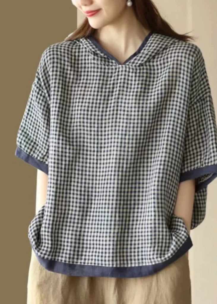 Art Dark Blue O-Neck Plaid Hooded T Shirt Summer AP022 GK-STP240718