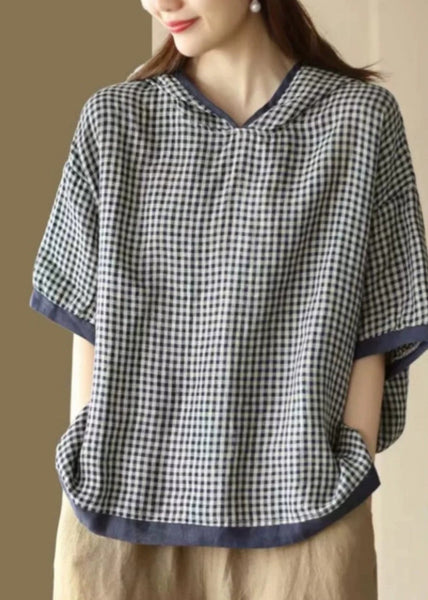 Art Dark Blue O-Neck Plaid Hooded T Shirt Summer AP022 GK-STP240718