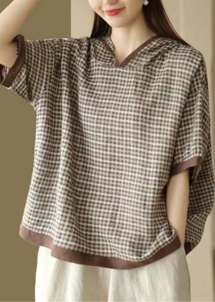 Art Dark Blue O-Neck Plaid Hooded T Shirt Summer AP022 GK-STP240718