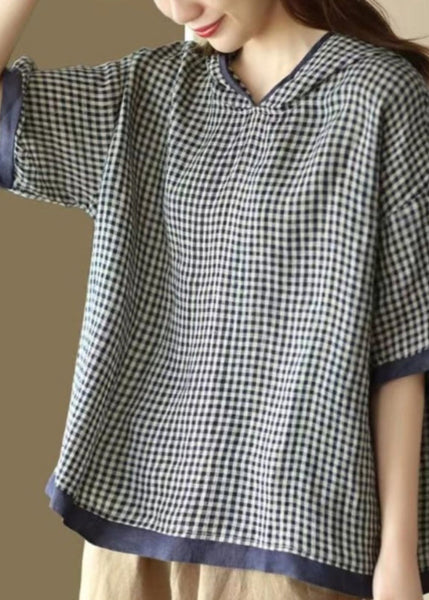 Art Dark Blue O-Neck Plaid Hooded T Shirt Summer AP022 GK-STP240718